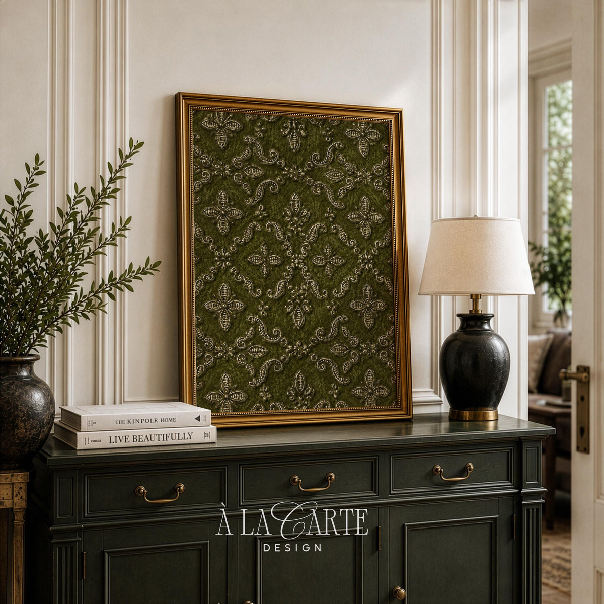 Ornamental damask digital download — vintage wall decor with intricate scrollwork, lattice borders, and traditional botanical elements