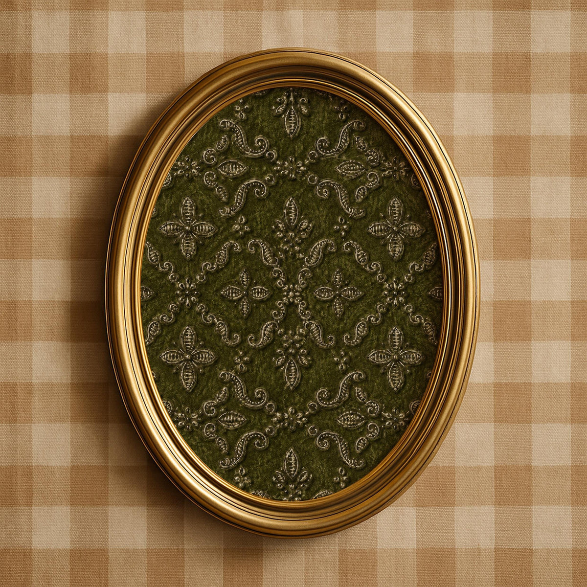 Traditional floral embroidery-style picture — printable art celebrating ornate geometric lattice and cream-colored botanical clusters