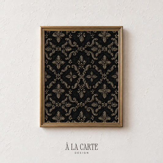 Baroque-inspired floral medallion poster — vintage tapestry aesthetic with symmetrical ornamental patterns throughout
