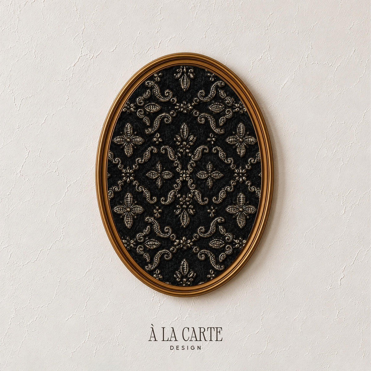 Symmetrical damask medallion poster art — textured embroidered-look design with moody dark academia vibes