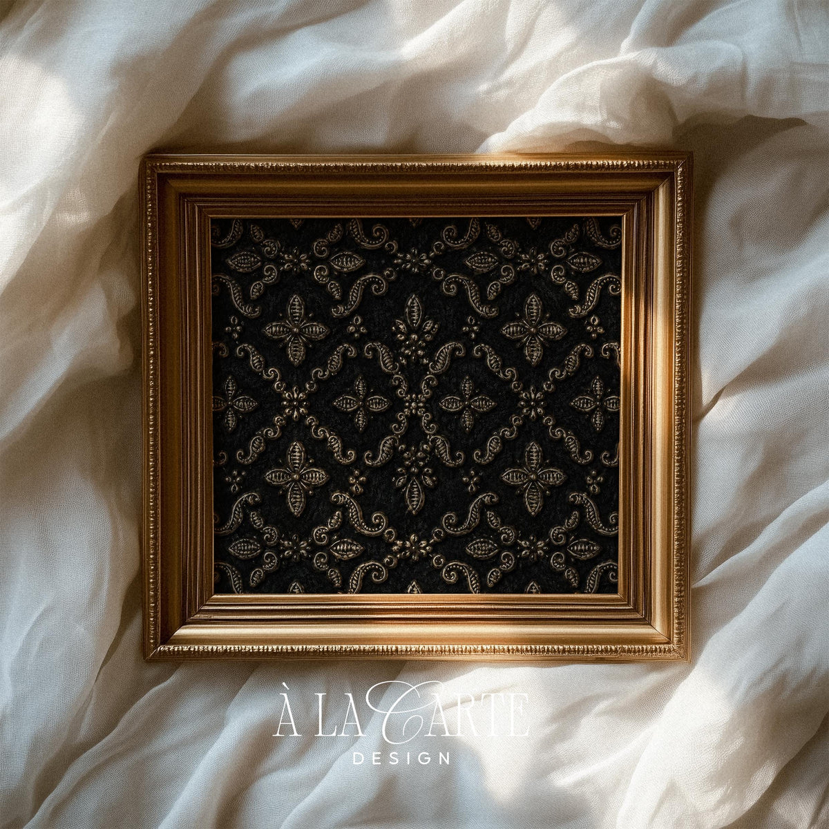 Antique botanical tapestry picture — ornate baroque floral pattern with black background and metallic gold details