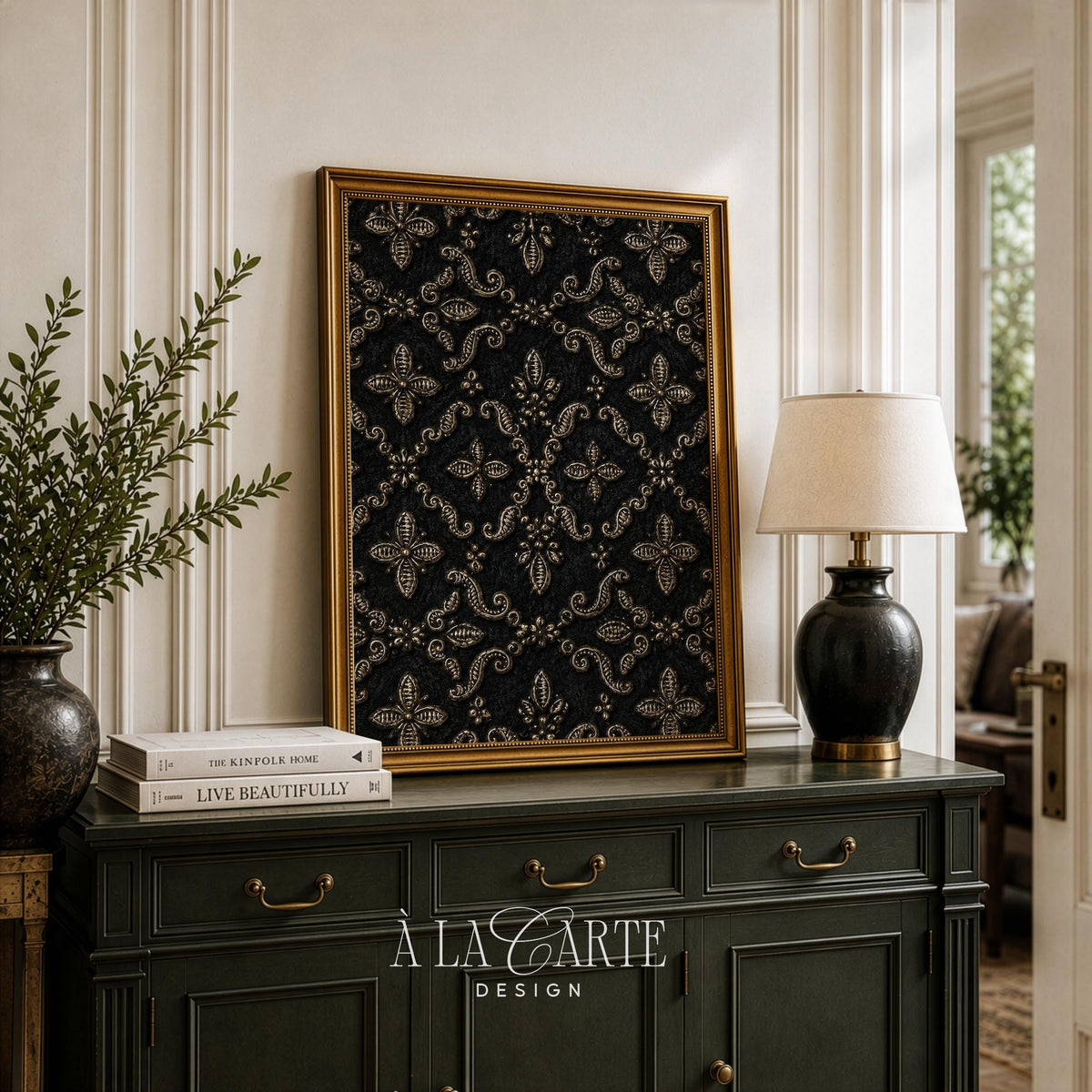 Heirloom-style tapestry poster for formal spaces — intricate symmetrical floral scrollwork with antique elegance