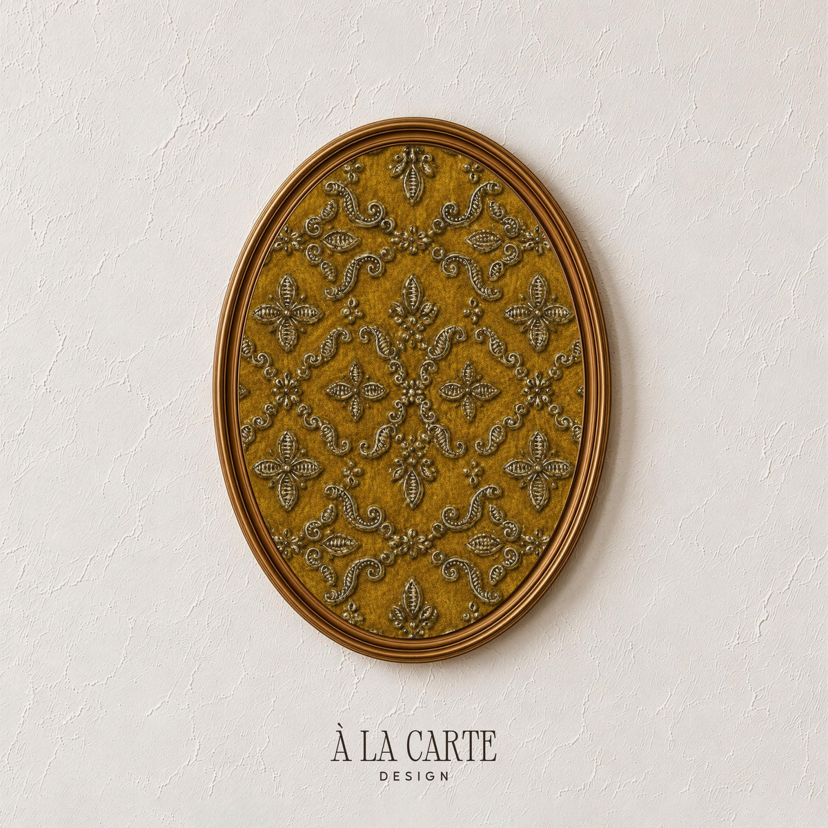 Ornate lattice and floral digital print poster — embroidered-look damask wall art in warm metallic tones