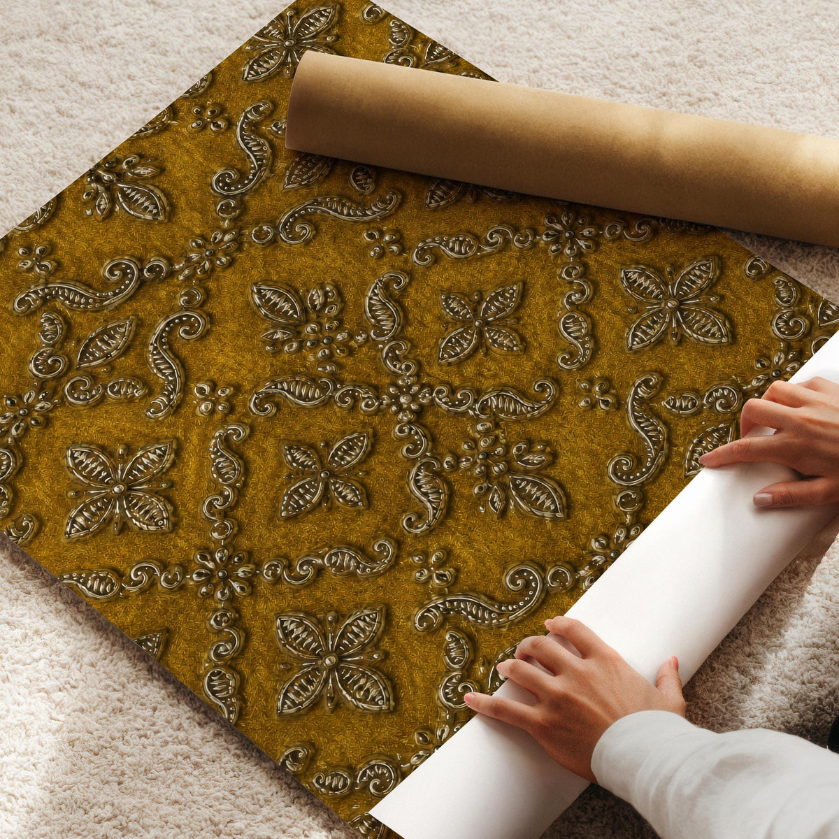 Ornamental floral tapestry artwork for dining room — intricate scrolls and diamond patterns in antique gold