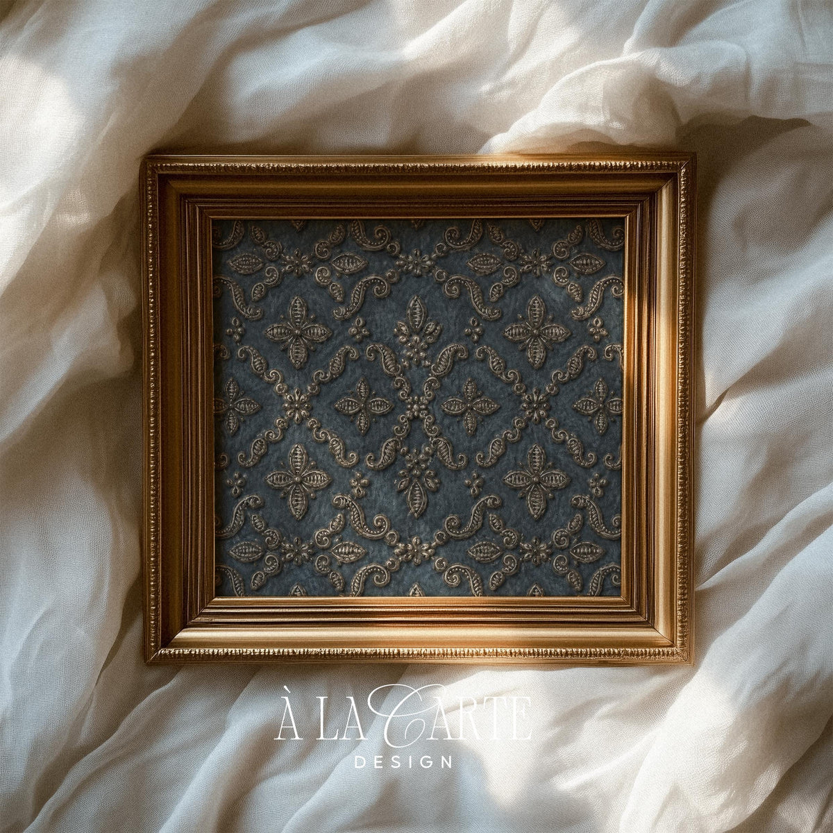 Ornate damask poster with fleur-de-lis motifs for formal living room — vintage tapestry aesthetic in slate-blue and gold