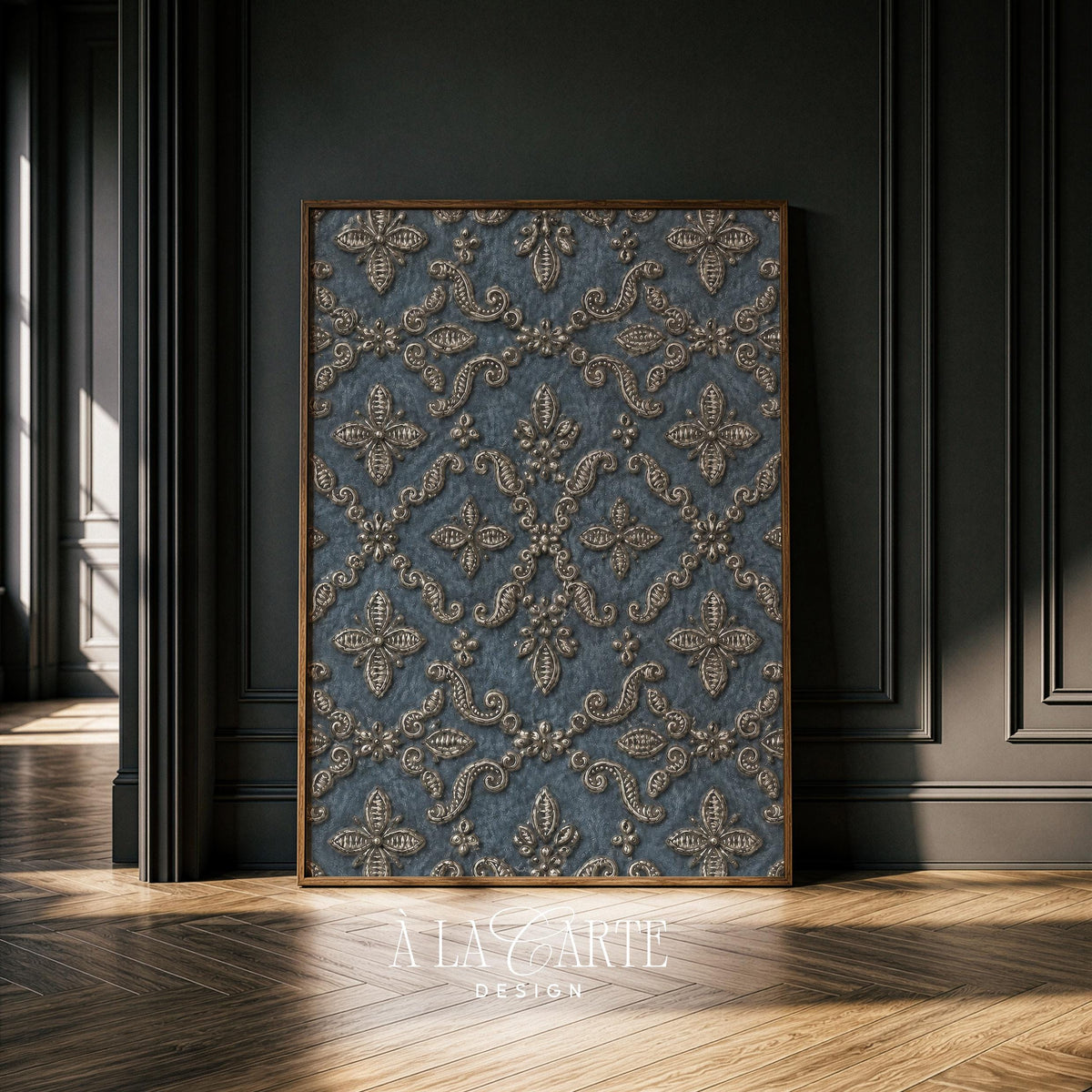 Symmetrical ornamental digital print for formal entryway — rich heritage-inspired artwork with tarnished metallic details