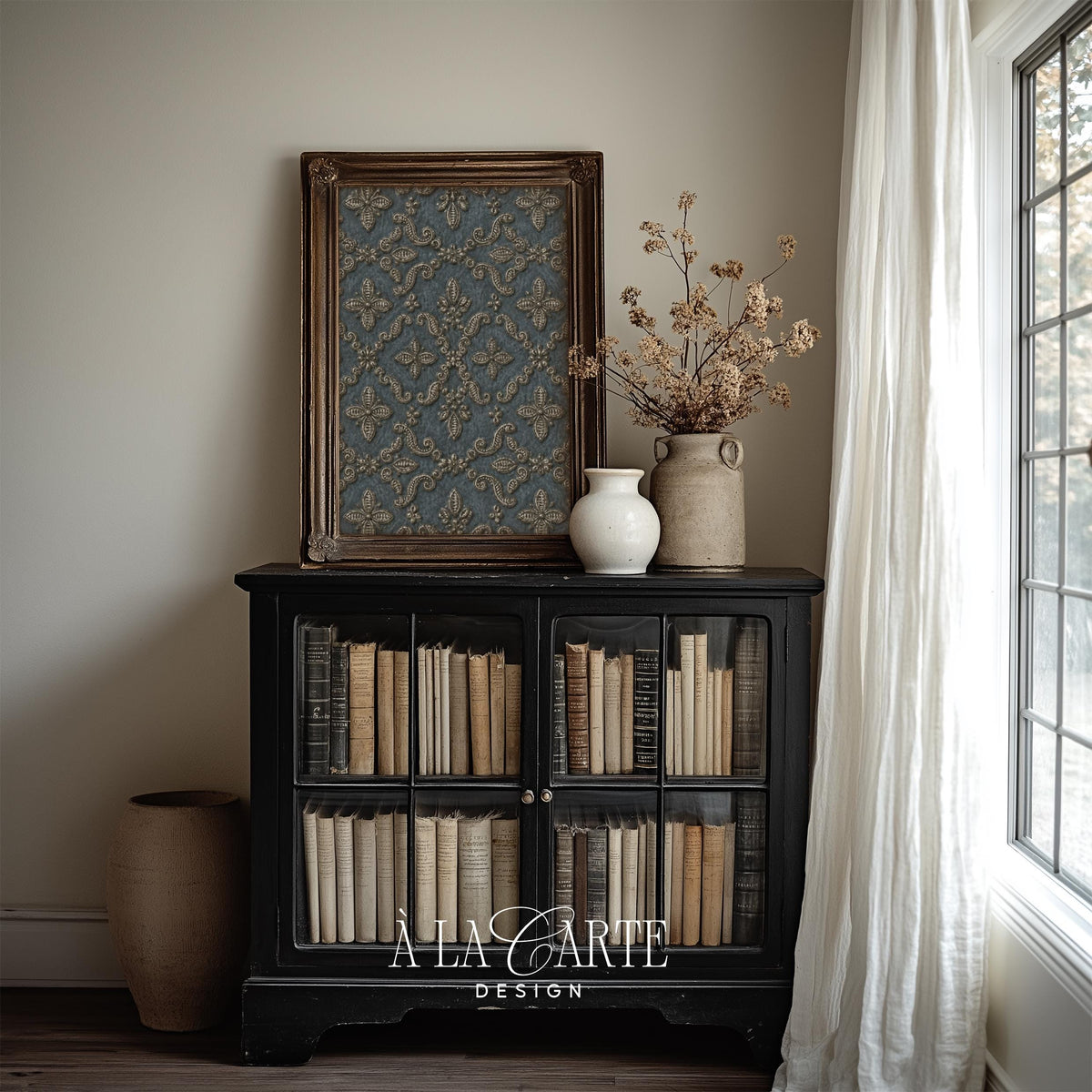 Classical damask picture for study — old-world elegance with richly decorative embossed textile aesthetic and slate background