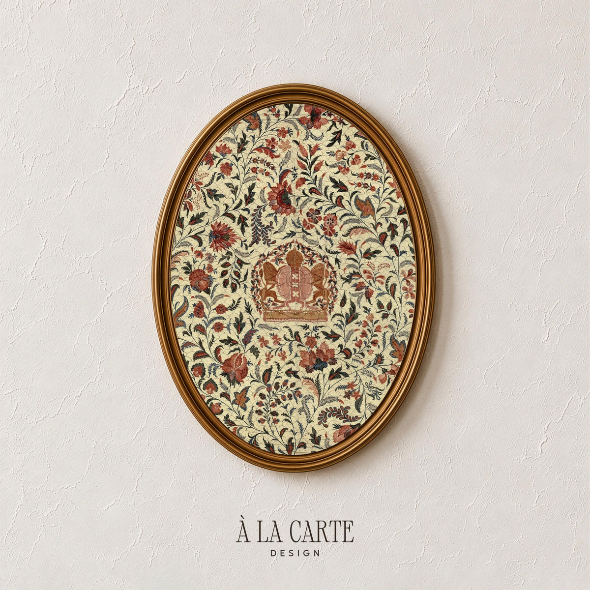 Ornate crown floral tapestry printable art — vintage botanical design with intricate linework and scrollwork
