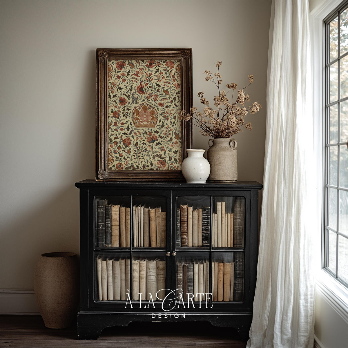 Antique floral crown embroidery-style artwork — vintage botanical print with dense scrollwork and neutral earth tones