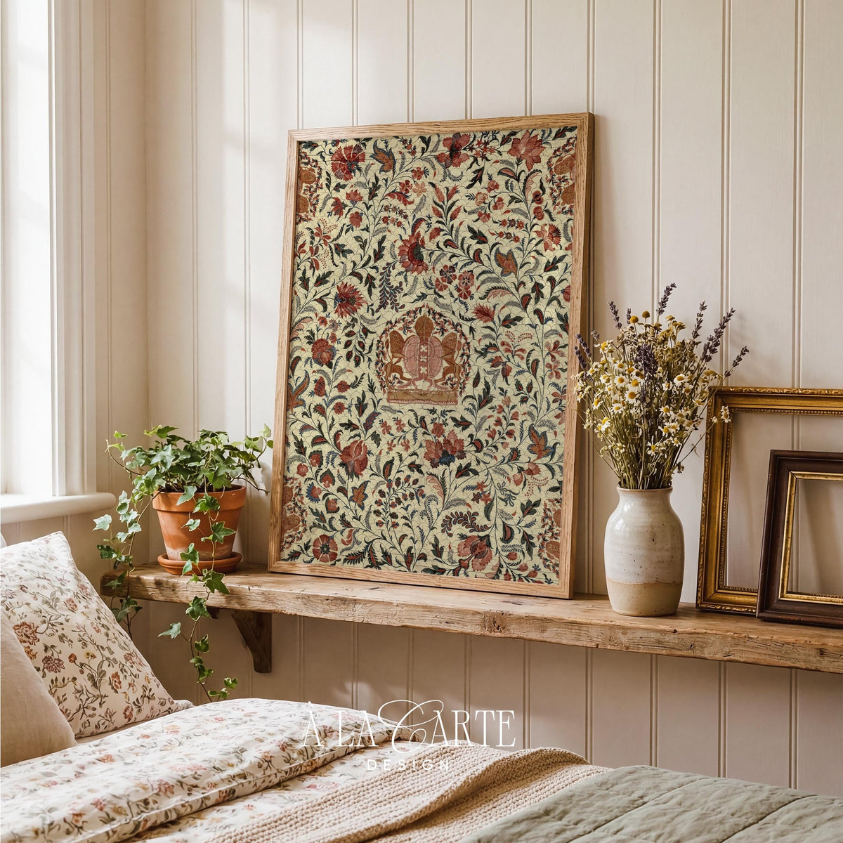 Heirloom-style floral wall art printable design featuring intricate embroidered-look textile pattern