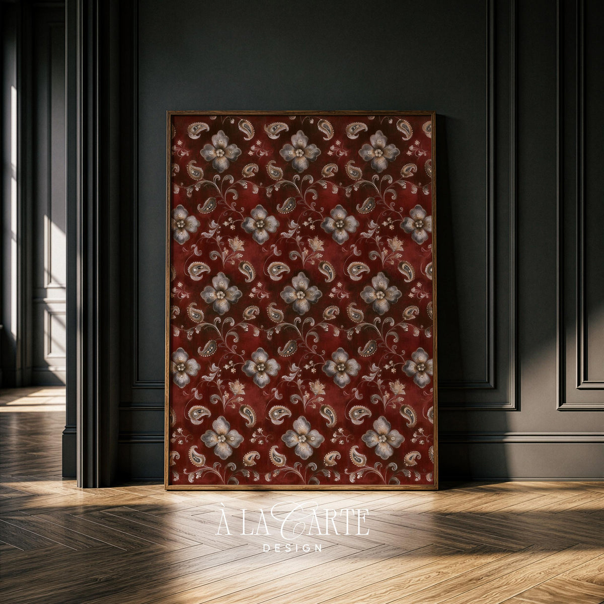Antique floral poster combining sage blooms and paisley motifs — timeless botanical wall decor