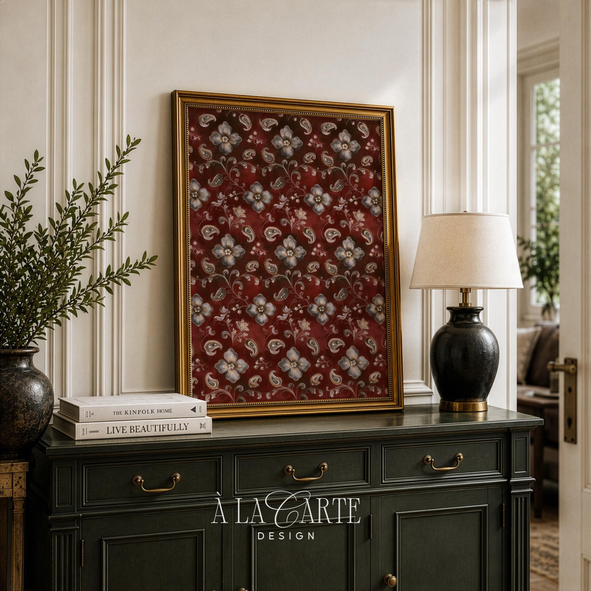 Botanical heritage art print with cream flowers and burgundy ground — old-world textile-inspired