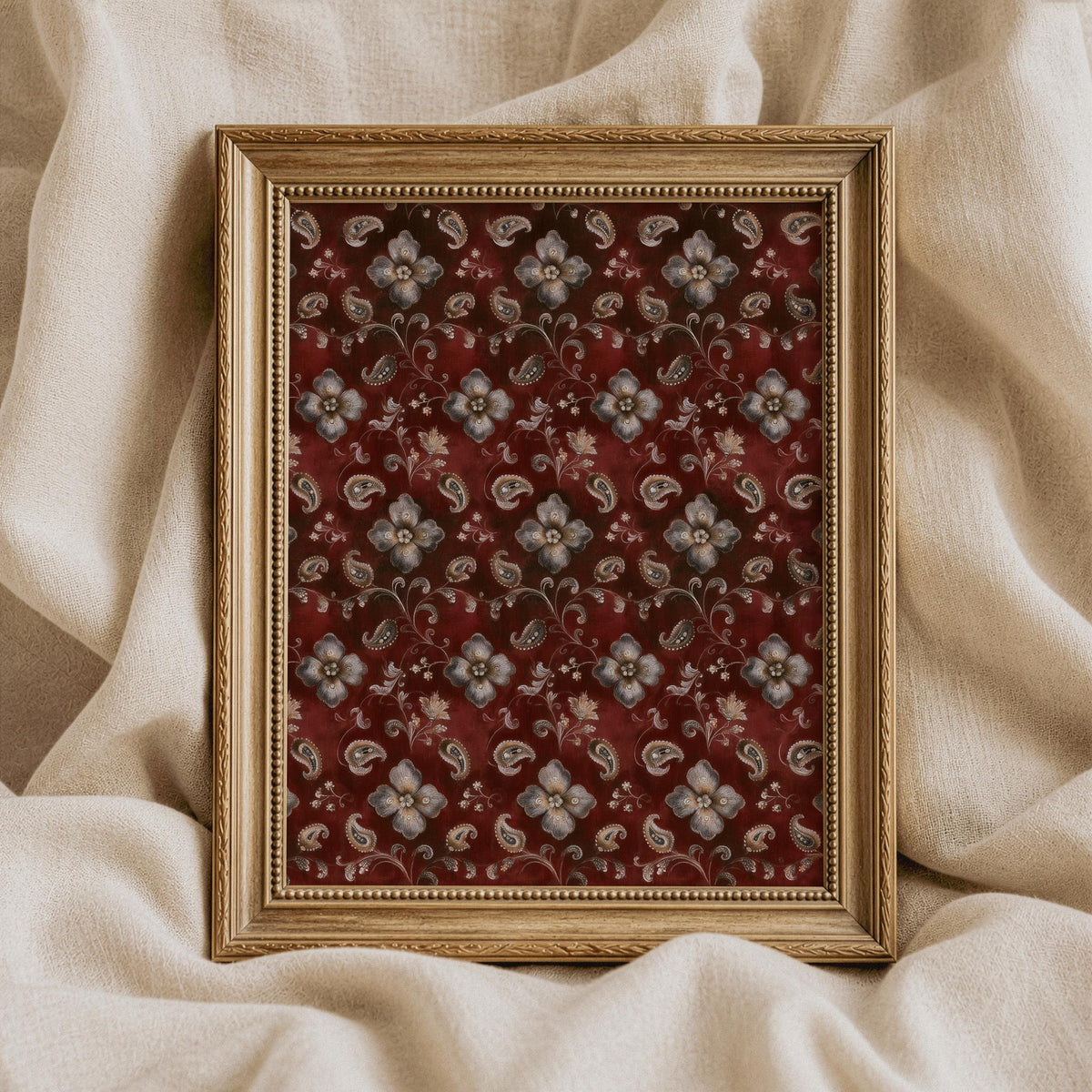 Ornate paisley poster featuring blooms in cream and deep red — old-world elegance instant download