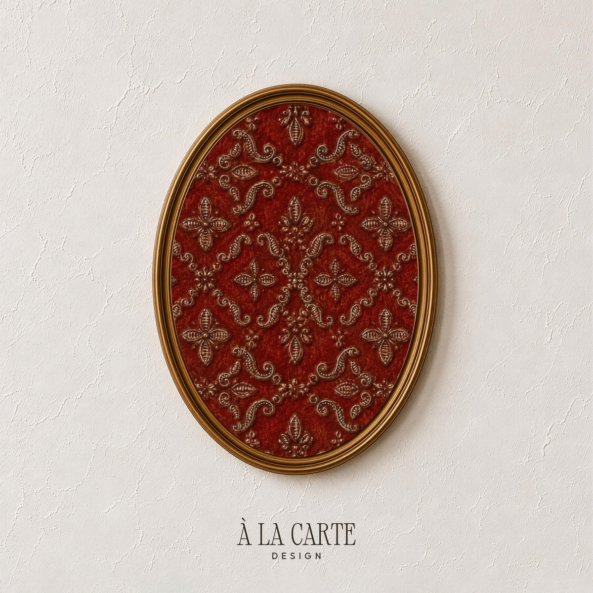 Old-world textile print for study — intricate heirloom-style medallion design in luxurious burgundy and gold