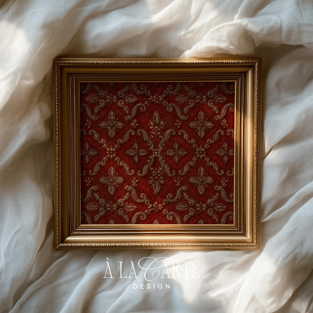 Rich damask fabric-inspired digital print featuring ornamental diamond and fleur-de-lis repeat pattern throughout