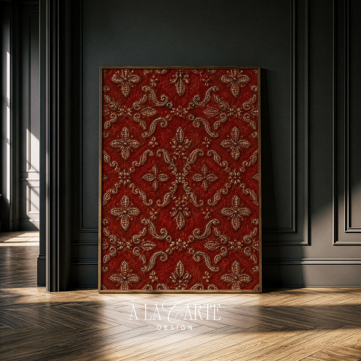 Opulent vintage pattern artwork with symmetrical crimson medallions and gilded ornamental details throughout