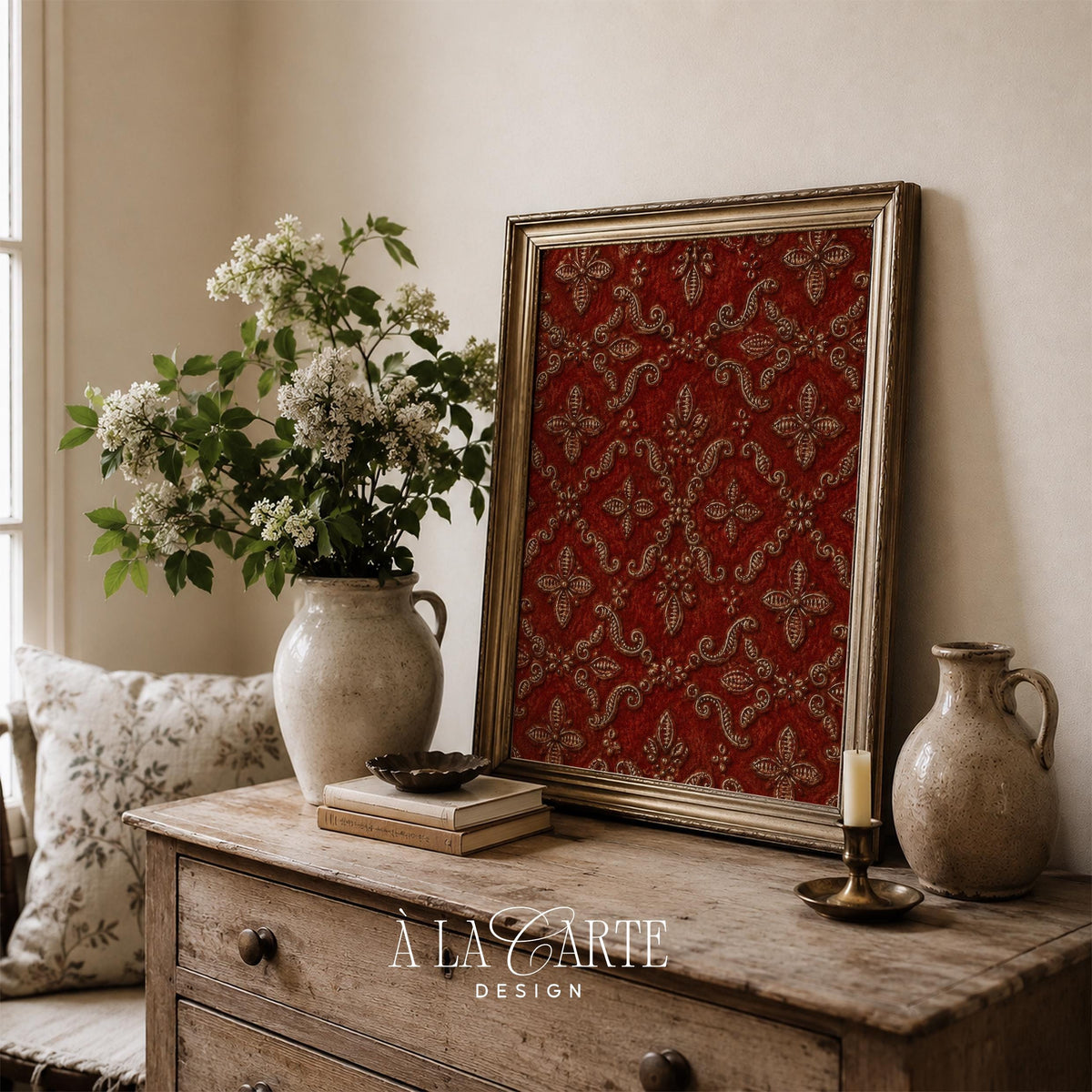 Historic fabric pattern poster for bedroom — opulent burgundy damask with intricate gold scrollwork elements