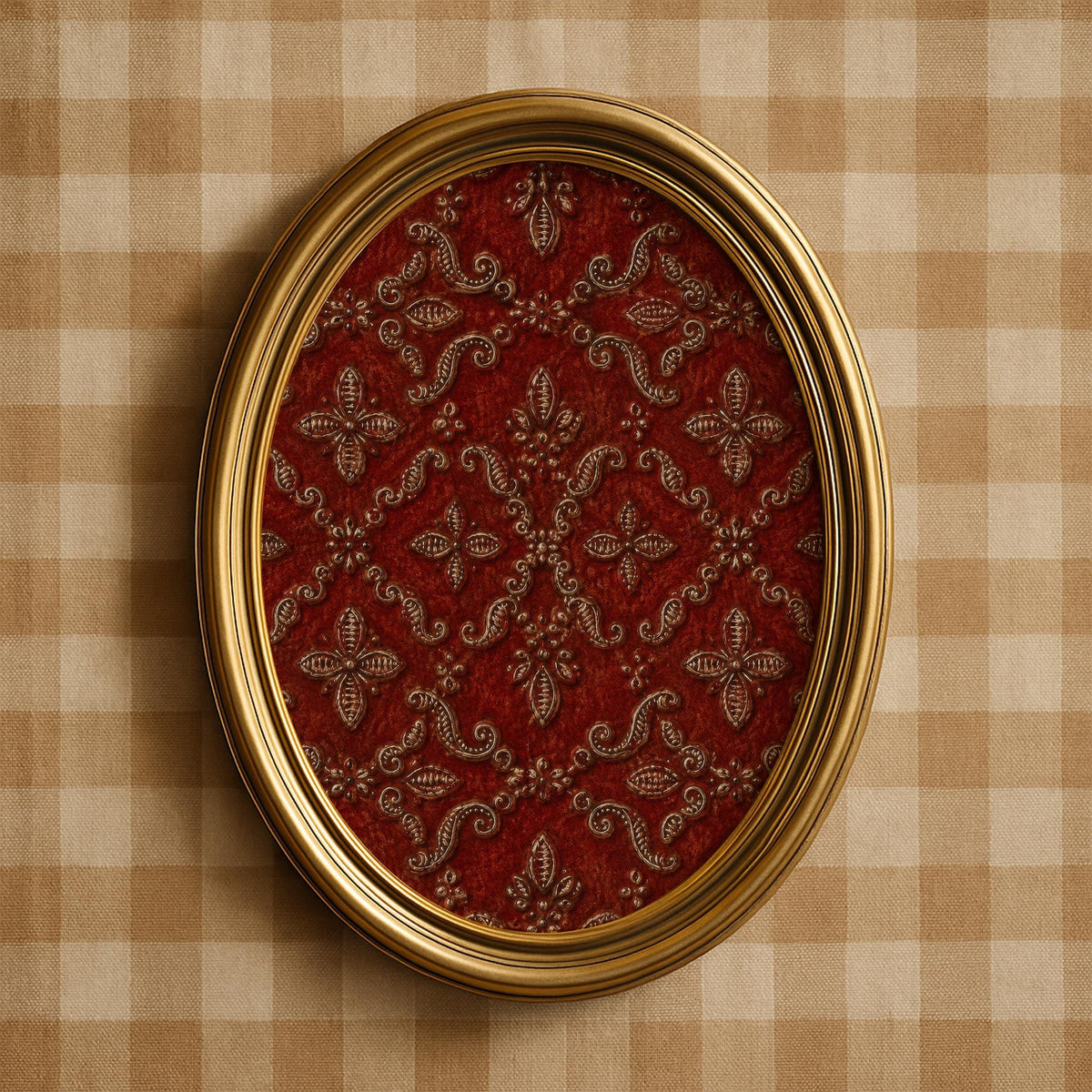 Ornate damask medallion printable art featuring deep red symmetrical fleur-de-lis pattern with gold accents