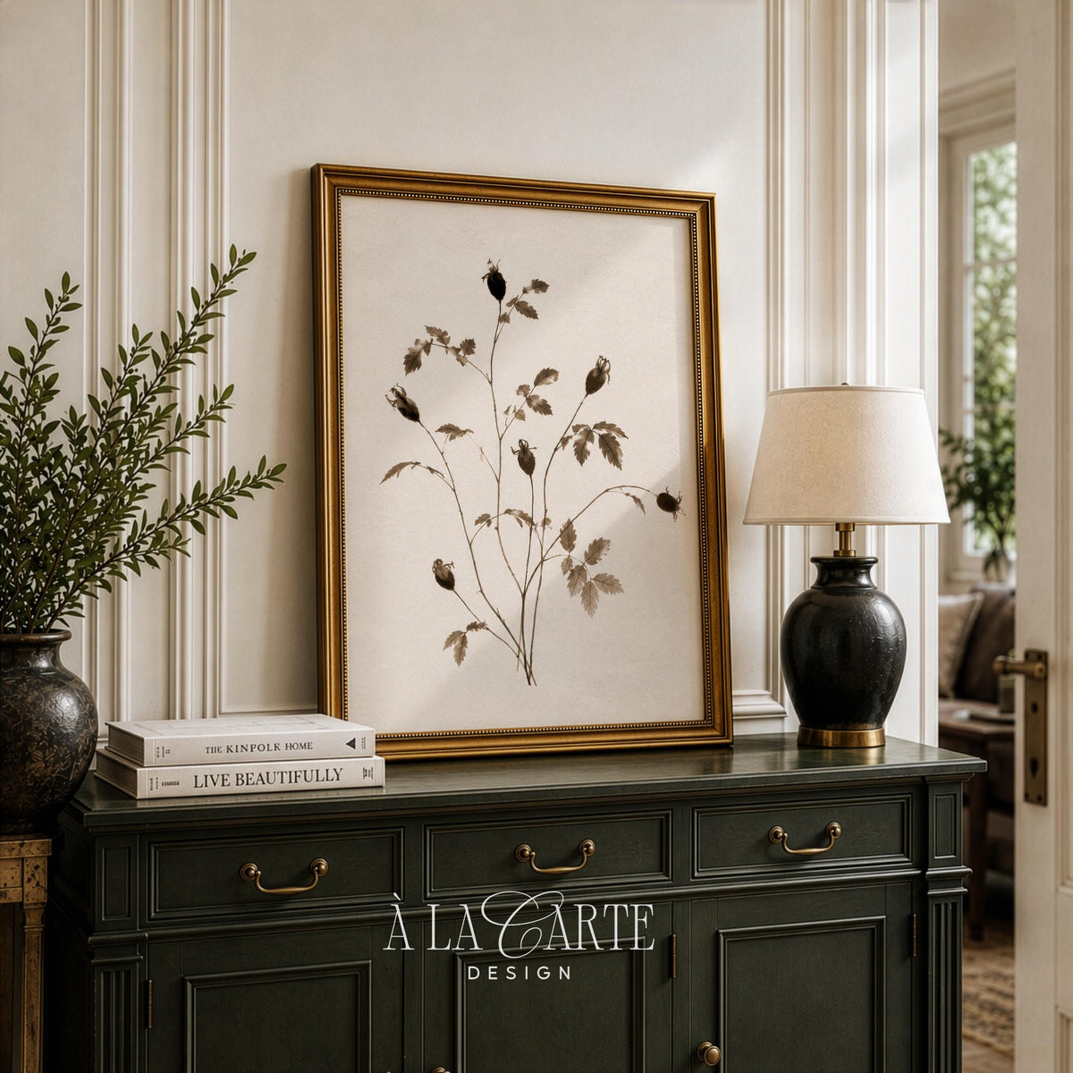 Dried botanical branch print wall decor for study — muted sepia palette with refined herbarium look