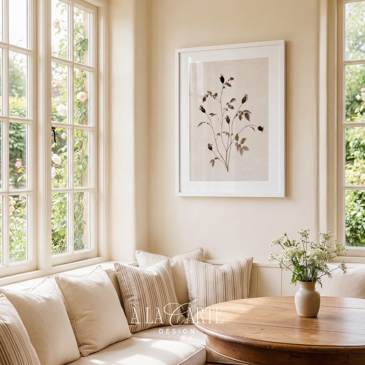 Antique plant specimen wall art for kitchen — faded herbarium-style drawing with understated elegance