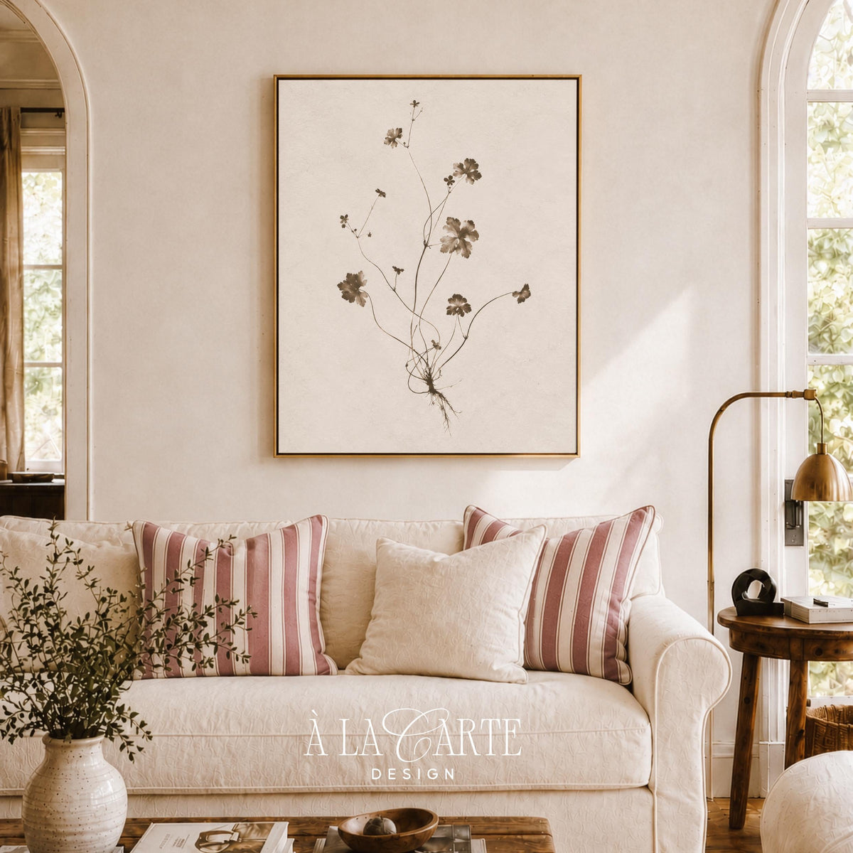 Vintage plant stems printable art for hallway — quiet minimalist botanical design with delicate leaves and naturalistic sepia finish