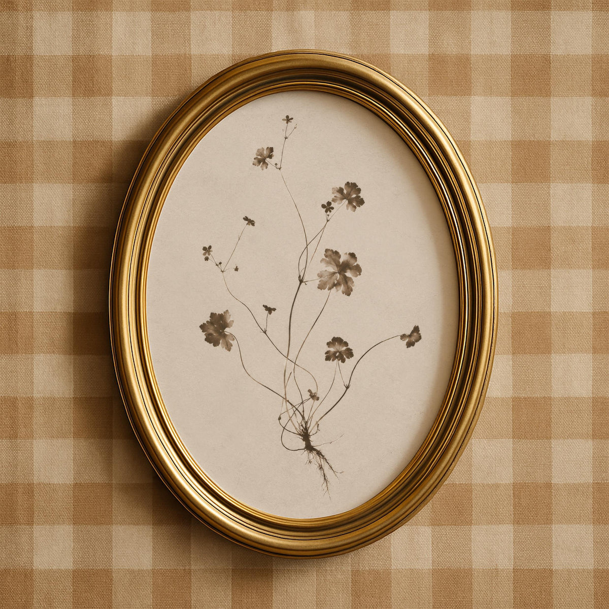 Wildflower root system artwork wall decor for bathroom — vintage naturalist study with delicate blossoms in muted earth tones