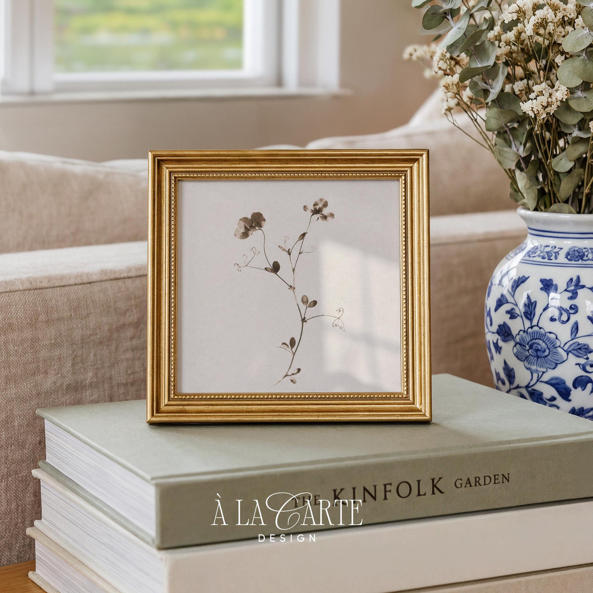 Airy flowering sprig wall art — cottagecore-inspired print with muted sepia botanical details