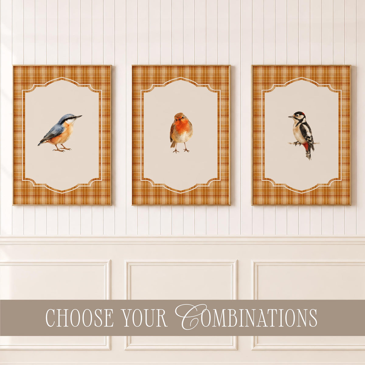 Vintage Fall Bird Wall Art Set of 15, Cottagecore Plaid Prints, Woodland Bird Illustrations Collection, French Country Decor Bundle B3