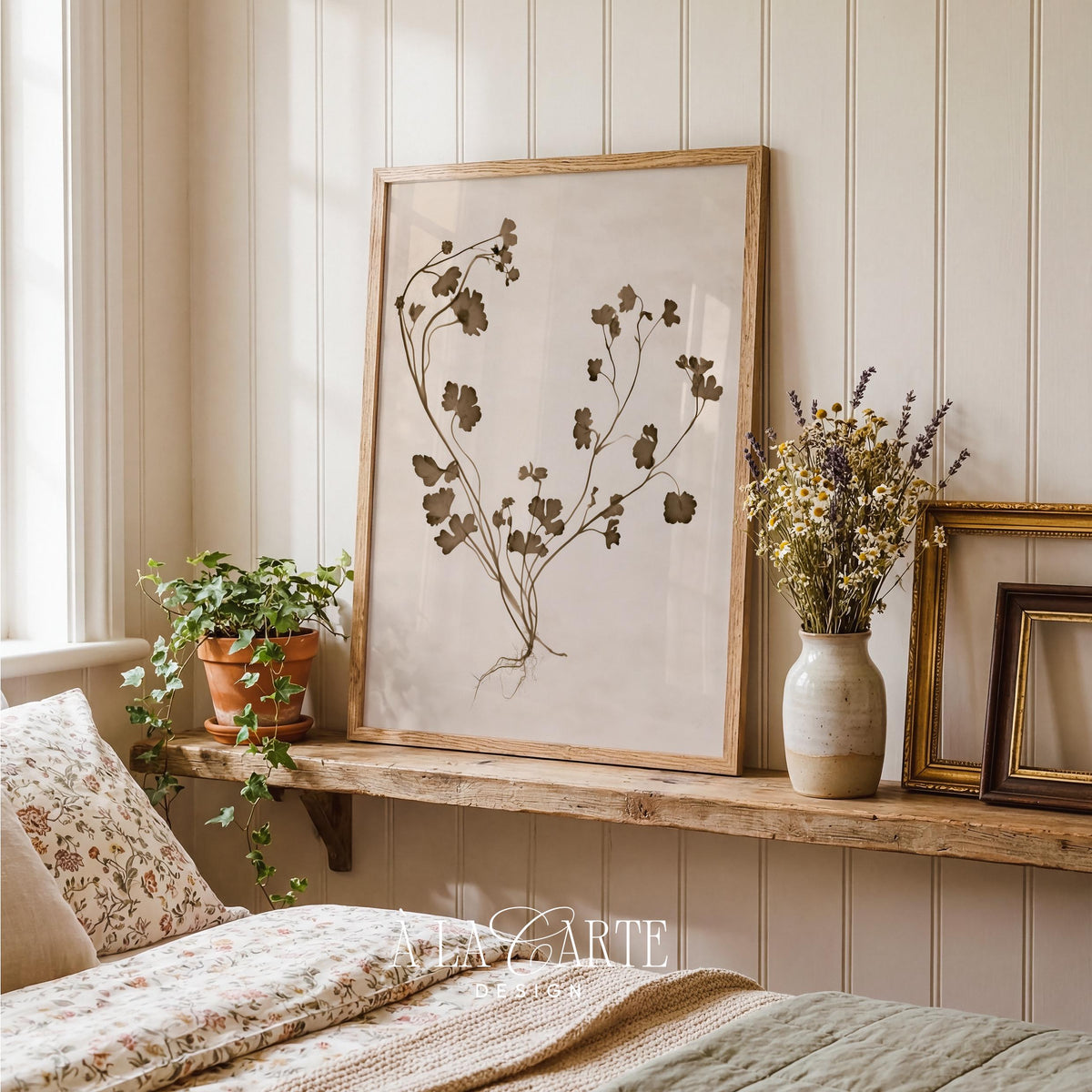 Pressed wildflower botanical poster for bedroom — vintage herbarium study with sepia tones and aged parchment aesthetic