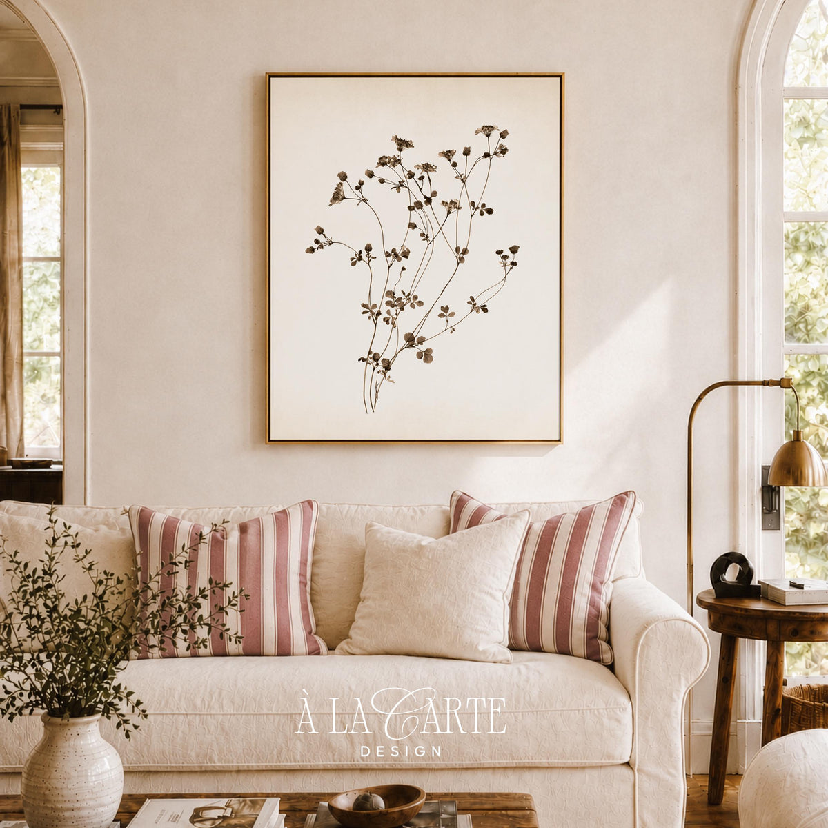 Pressed wildflower artwork for gallery wall — delicate nature illustration in cream and muted brown tones