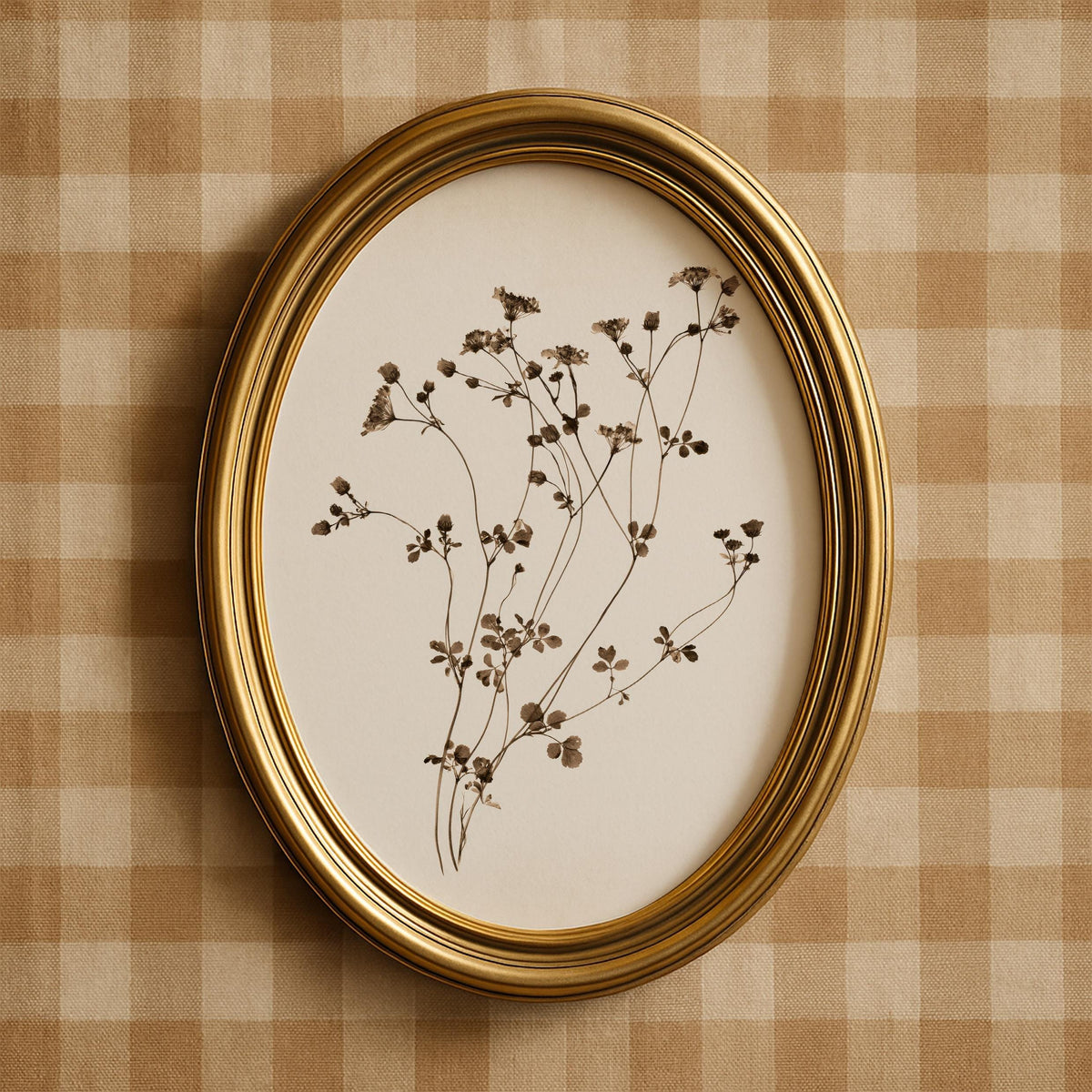 Cottage botanical wall art with scattered budding stems — vintage herbarium minimal flower arrangement