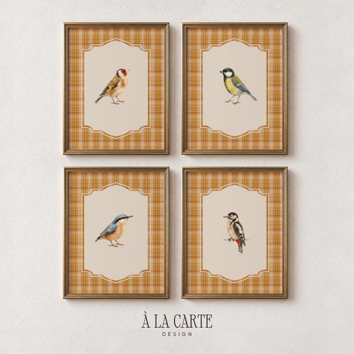Vintage Fall Bird Wall Art Set of 4, Cottagecore Plaid Prints, Autumn Woodland Bird Illustration Collection, French Country Decor Bundle B5