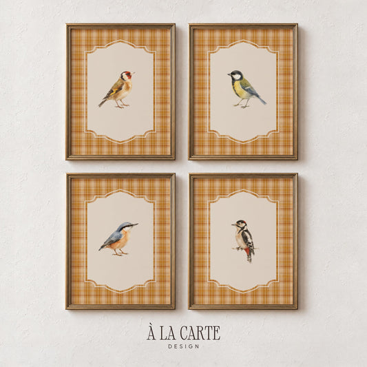 Vintage Fall Bird Wall Art Set of 4, Cottagecore Plaid Prints, Autumn Woodland Bird Illustration Collection, French Country Decor Bundle B5