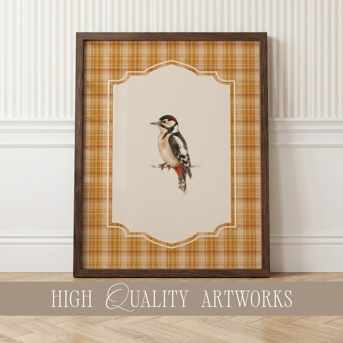 Vintage Fall Bird Wall Art Set of 4, Cottagecore Plaid Prints, Autumn Woodland Bird Illustration Collection, French Country Decor Bundle B5