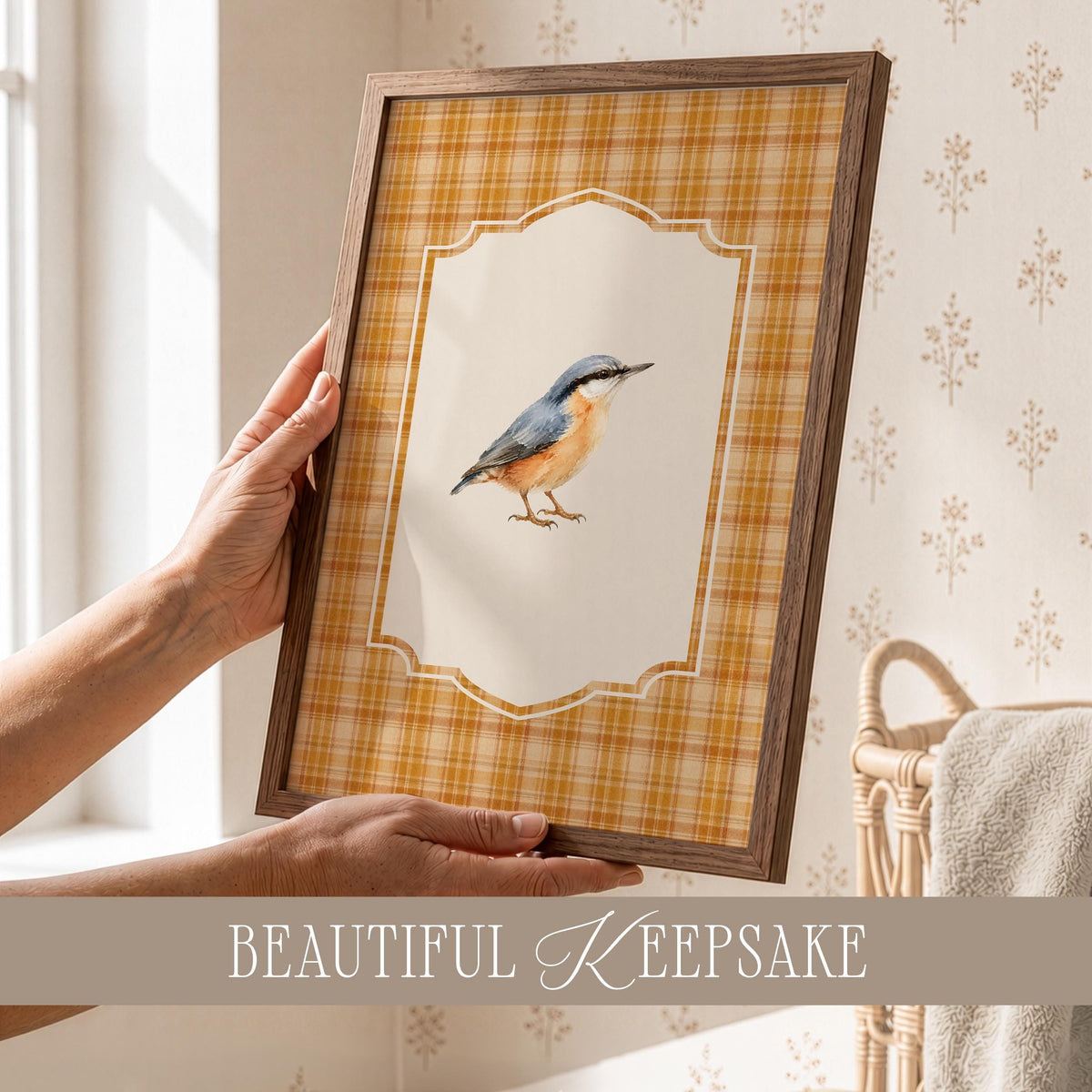 Vintage Fall Bird Wall Art Set of 4, Cottagecore Plaid Prints, Autumn Woodland Bird Illustration Collection, French Country Decor Bundle B5