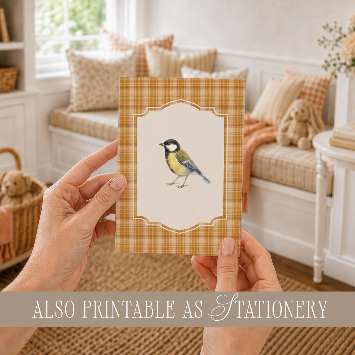 Vintage Fall Bird Wall Art Set of 4, Cottagecore Plaid Prints, Autumn Woodland Bird Illustration Collection, French Country Decor Bundle B5