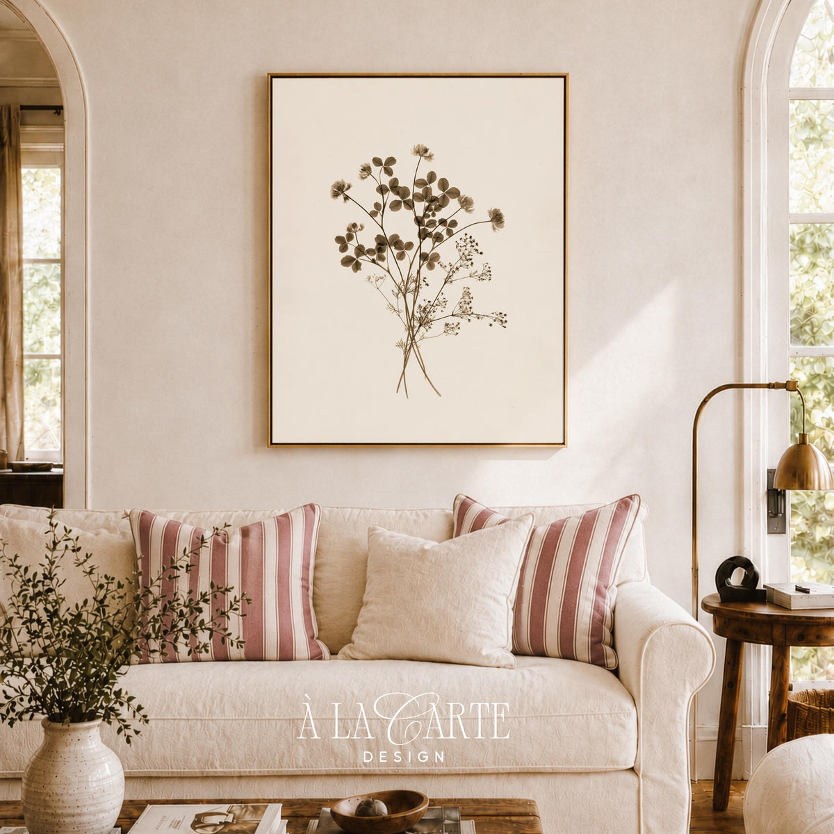 Vintage herbarium illustration digital print — botanical line drawing of fragile flowering stems with neutral tones and understated elegance