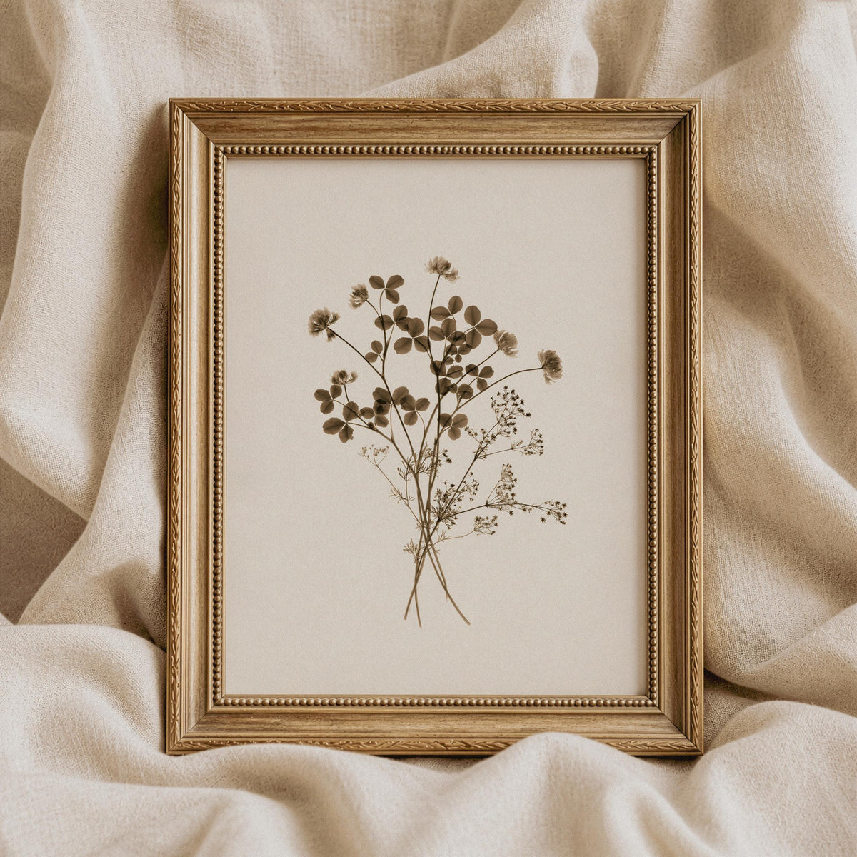 Cottage core botanical poster wall art — understated pressed-flower arrangement featuring airy sprigs, soft shading, and earthy neutral palette