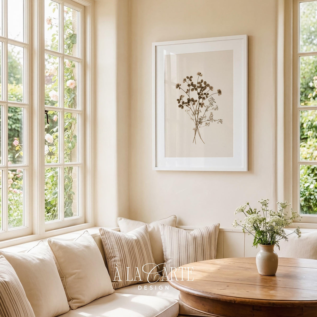 Dried clover botanical poster featuring baby's breath — vintage herbarium wall art with neutral cream background and rustic aesthetic