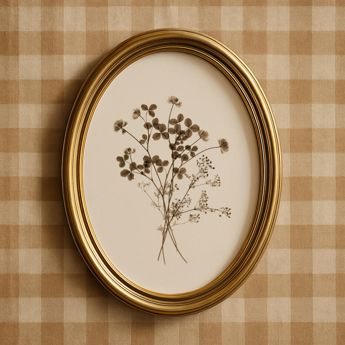 Delicate plant sprig digital wall art — fine-lined botanical pressed-flower design in soft sepia on cream with peaceful rustic elegance