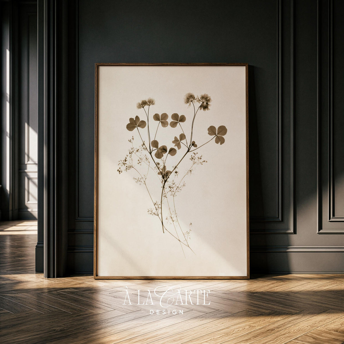 Vintage clover drawing poster for nursery — gentle wildflower composition with muted antique quality