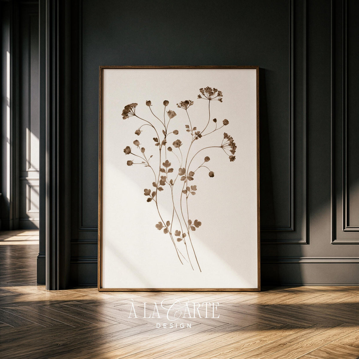 Small clustered flower stem art printable for guest room — rustic pressed-botanical aesthetic with calm palette