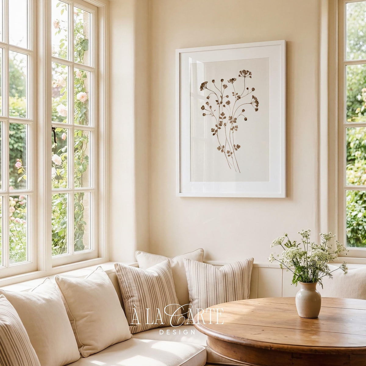 Delicate nature study poster for dining room — fine illustrated plant stems with clustered flower accents