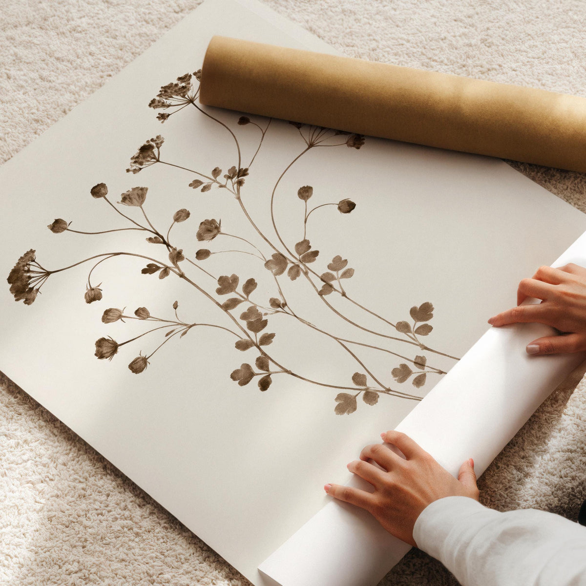Understated floral stems printable wall art — botanical illustration featuring thin branches and tiny seedheads