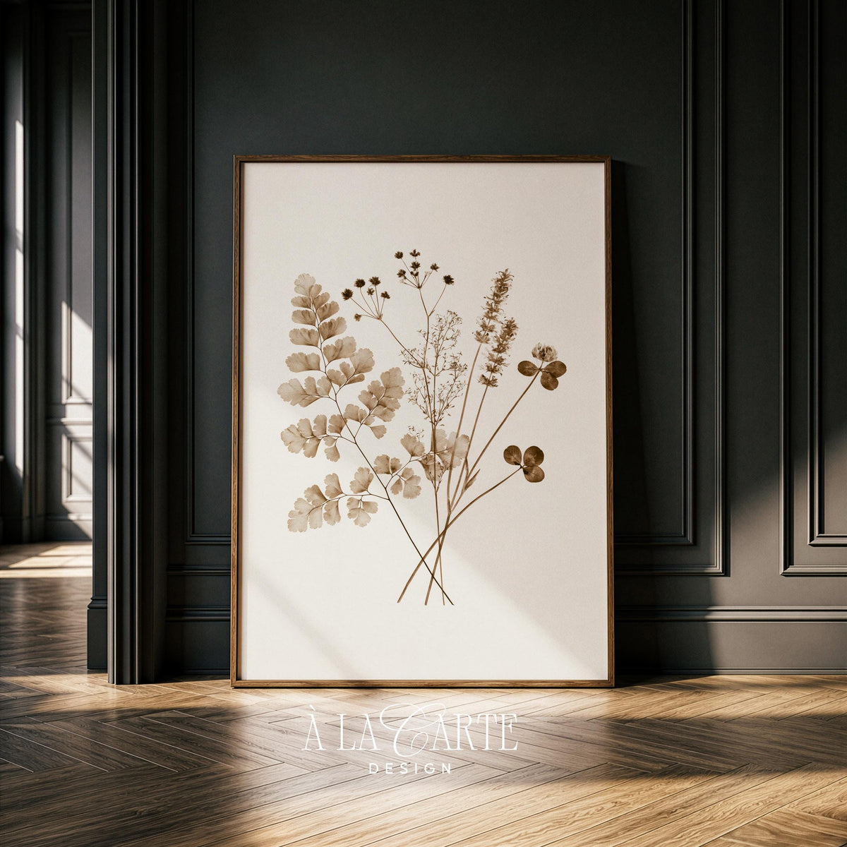 Fern fronds picture with clustered seed heads — minimalist nature art in warm sepia on light background