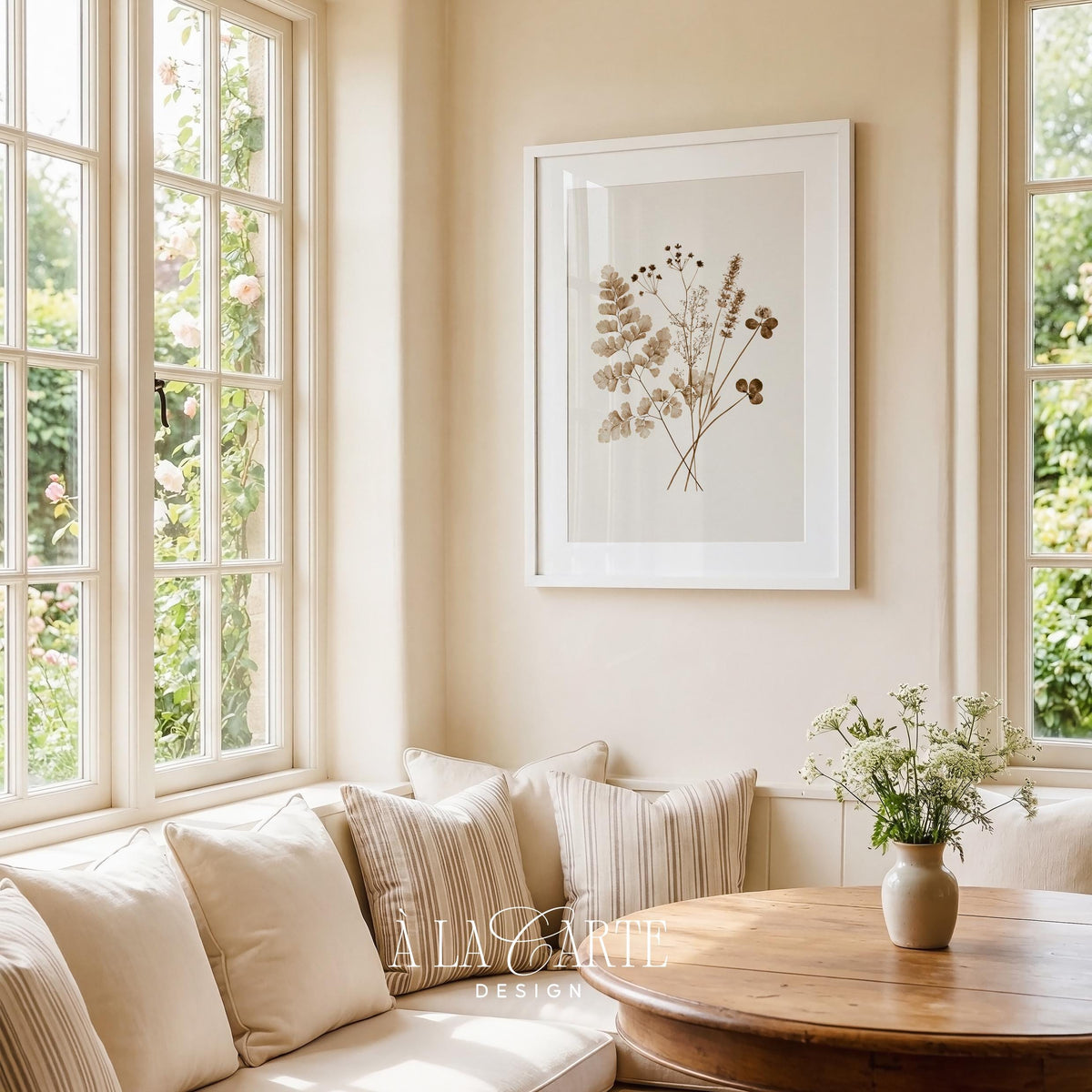 Pressed fern leaves printable art for bedroom — minimal botanical illustration with vintage sepia tones