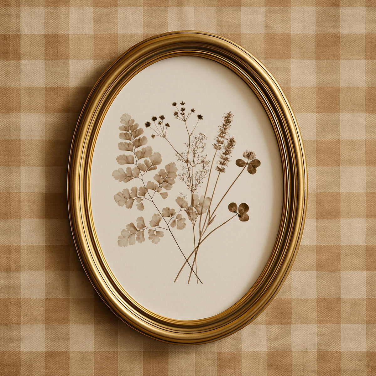 Vintage botanical poster featuring naturalist pressed flowers — soft sepia tones for vintage home aesthetic