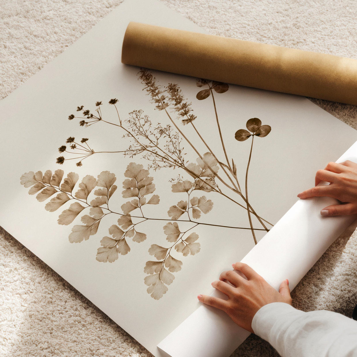 Herbarium-style artwork featuring dried foliage — rustic botanical picture for farmhouse home decor