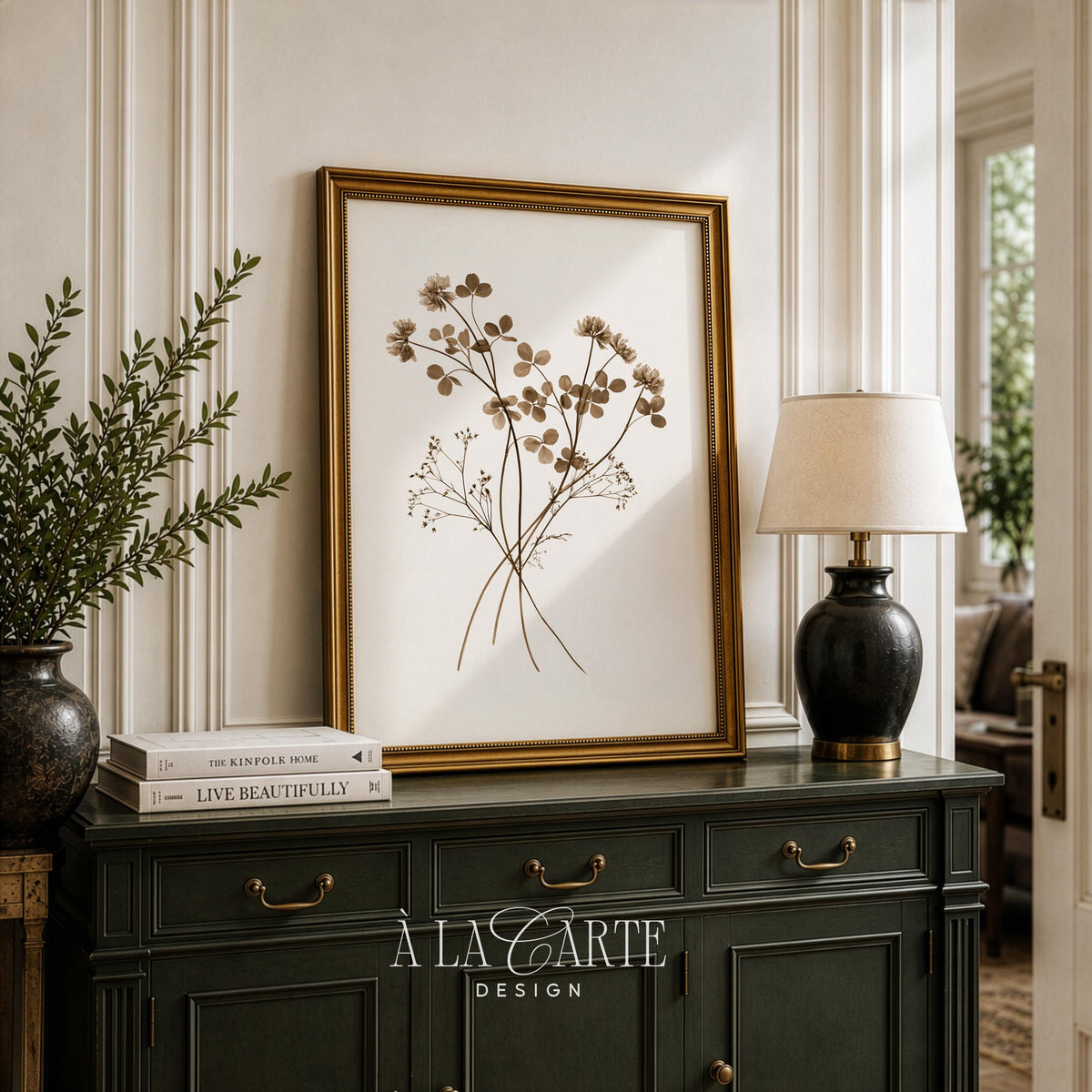 Delicate clover sprig printable art for bedroom — sepia-toned pressed flower illustration with cream background