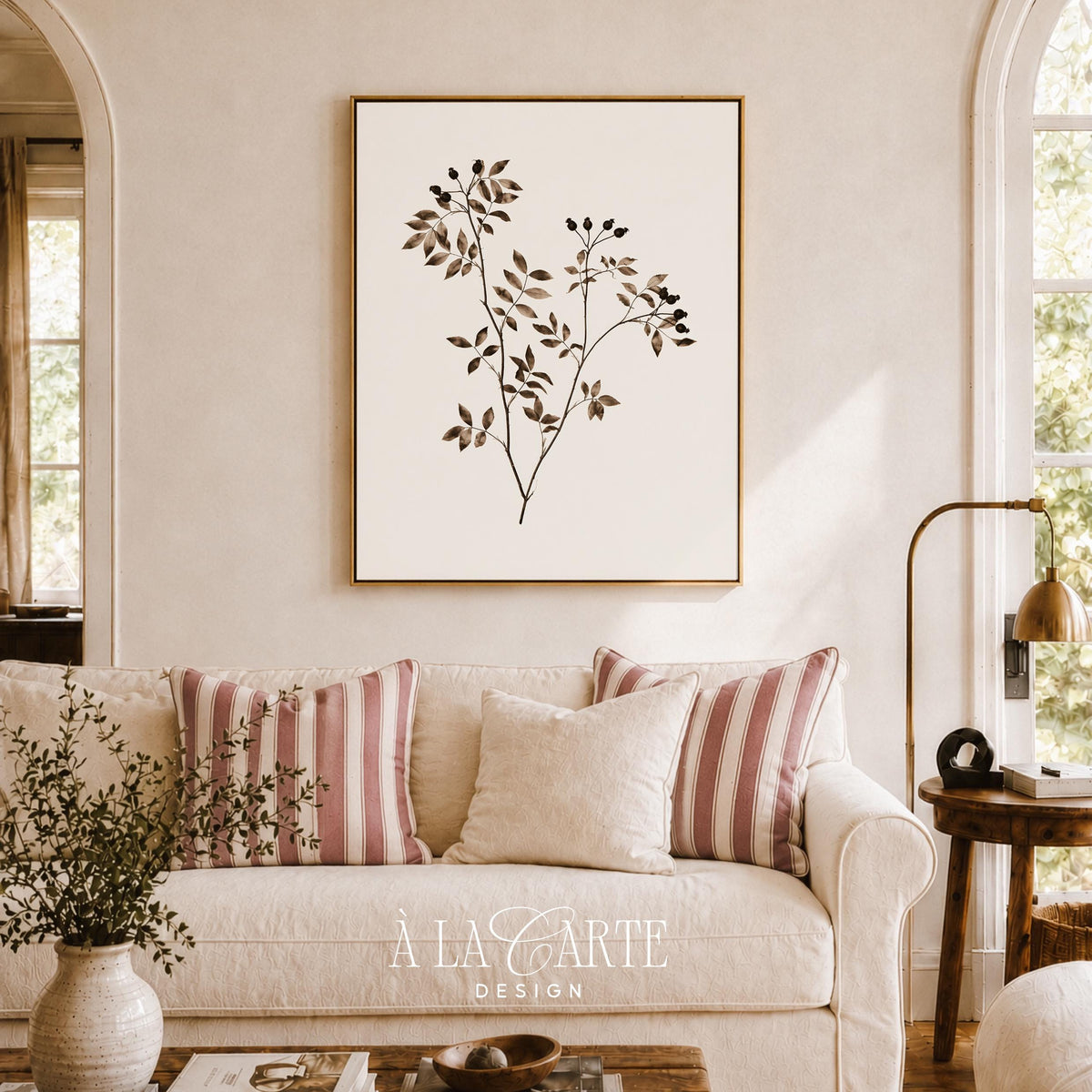 Botanical sketch digital art for nursery — delicate branching stems with small leaf clusters in warm, soothing earth tones